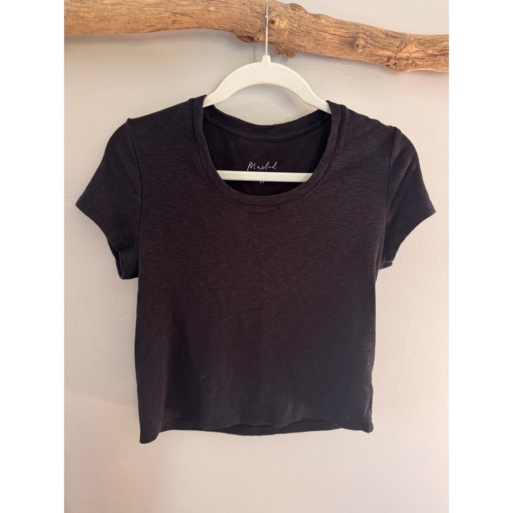 Marled Essentials Womens Black Scoop Neck Short Sleeve Slub Crop Top Small